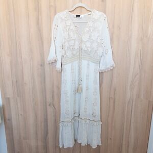 Piper & Scoot Womens Crochet Lace Maxi Dress Sz L White Boho Eyelet Boho Cottage